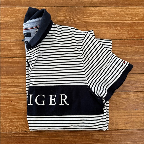 Tommy Hilfiger Striped Navy and White Logo Polo Shirt Size Large - Picture 5 of 5